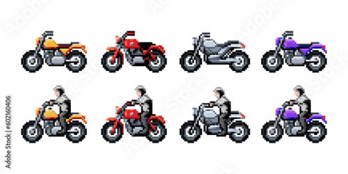 pixel art motorcycle set, biker on motorcycle, 8 bit pixel retro game, vector