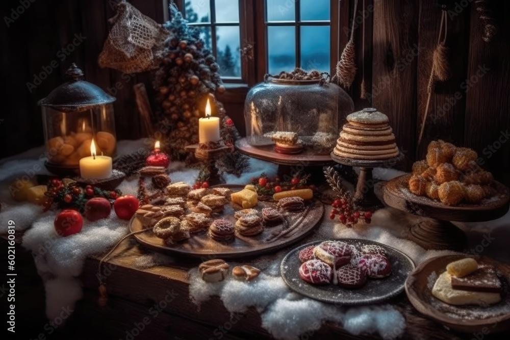 table filled with various cakes and pastries displayed next to a sunny window Generative AI