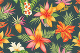 Vector seamless pattern with exotic flowers and green leaves on a dark background. 