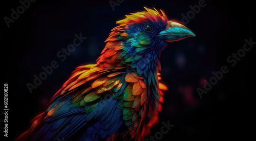 Bright colorful abstraction with the image of a bird on a forest background. Generative AI © keks20034
