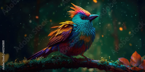 Bright colorful abstraction with the image of a bird on a forest background. Generative AI