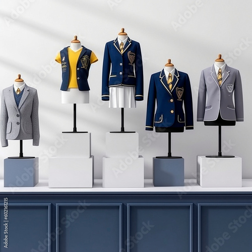 School uniforms, various designs and options. Blue and gray colors. High quality illustration Generative AI