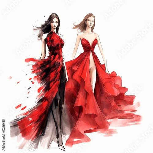 Fashion show, long red and black dresses. High quality illustration Generative AI