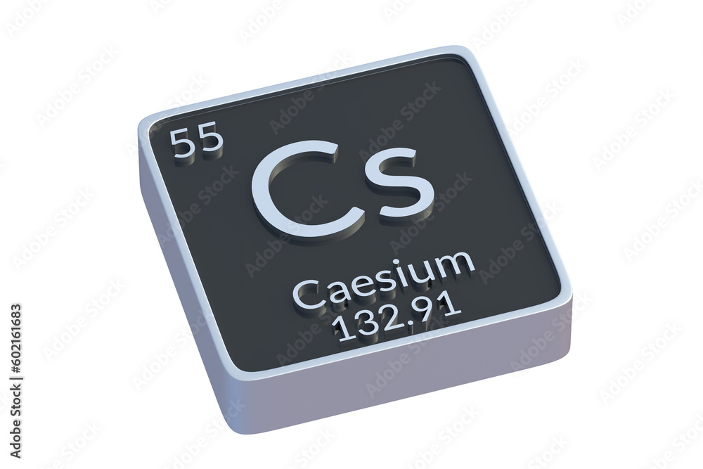 Caesium Cs chemical element of periodic table isolated on white background. Metallic symbol of chemistry element. 3d render