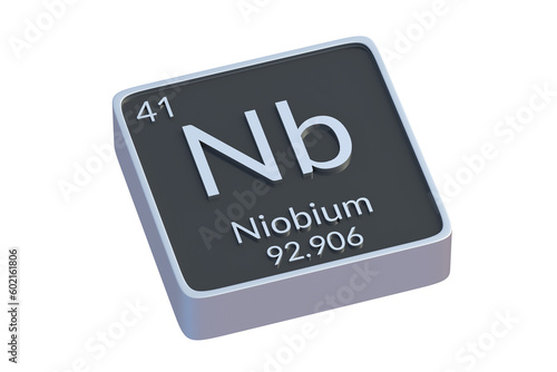 Niobium Nb chemical element of periodic table isolated on white background. Metallic symbol of chemistry element. 3d render