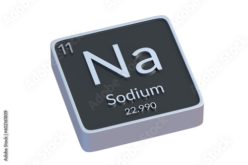 Sodium Na chemical element of periodic table isolated on white background. Metallic symbol of chemistry element. 3d render