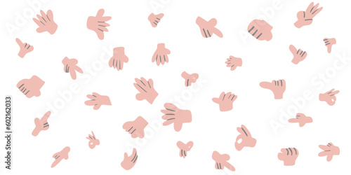 Mascot hand gestures. Cartoon arm poses, comic character isolated hands parting vector illustration, retro animation movement different signs on white