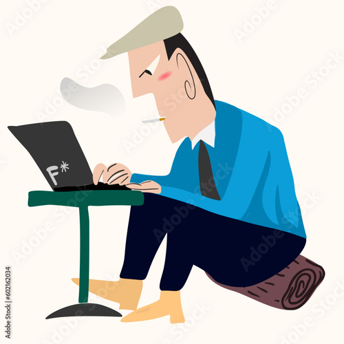 Men Writer sits by the squat and writing a new story. Retro vintage style. Conceptual illustration. Vector flat design. Mid century character Employee Businessman overwork while smoking and focus on