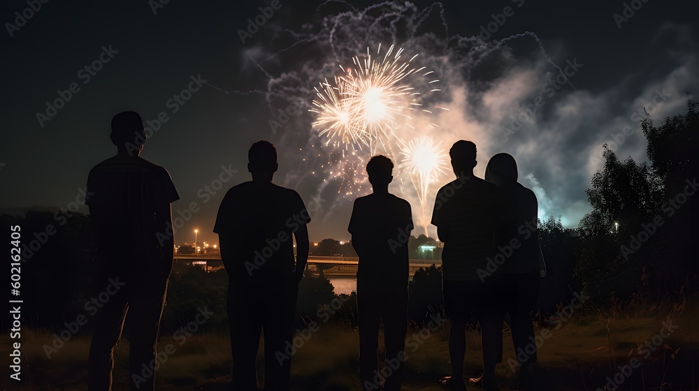 silhouette of a group of people standing and enjoying  the fireworks in the night sky. Created with generative AI tools 