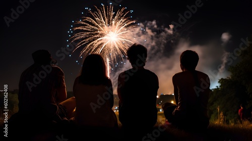 medium shot of a silhouette of a group of people enjoying fireworks in the night sky. Created with generative AI tools 