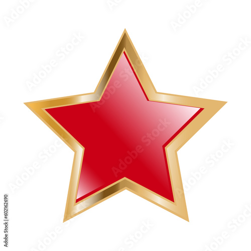 Red star on white background. Isolated. Shiny. Gold border. 