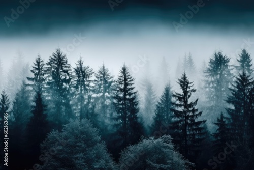 misty forest with dense foliage Generative AI