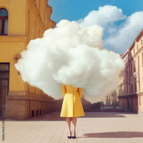 A beautiful girl in a yellow dress with her head immersed in a fluffy cloud on the street during a sunny day. Generative AI.