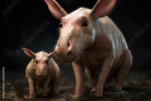 Photorealistic aardvark with young, burrowing, nocturnal mammal in Africa of the order Tubulidentata, insectivore with long snout, created with generative AI.  photo