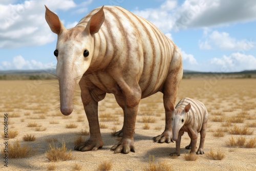 Photorealistic aardvark with young, burrowing, nocturnal mammal in Africa of the order Tubulidentata, insectivore with long snout, created with generative AI.  © annne