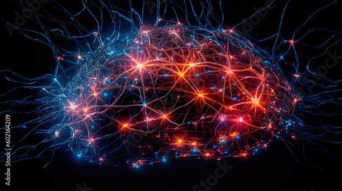 Fictional glowing brain background with a network of neural connections. Neural activity. Generative AI