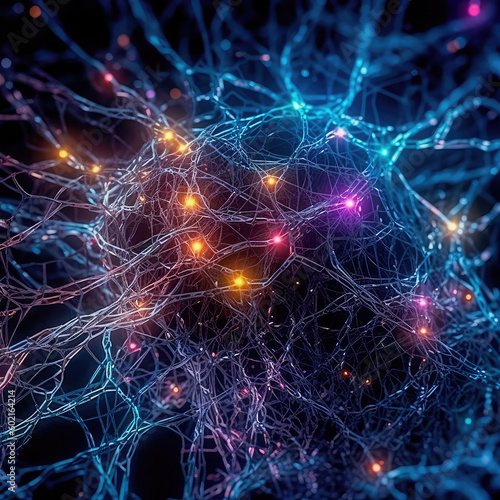Fictional glowing brain background with a network of neural connections. Neural activity. Generative AI