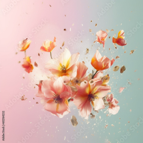 Creative composition with exploding colorful flowers on pastel background. Generative AI. © Popovo