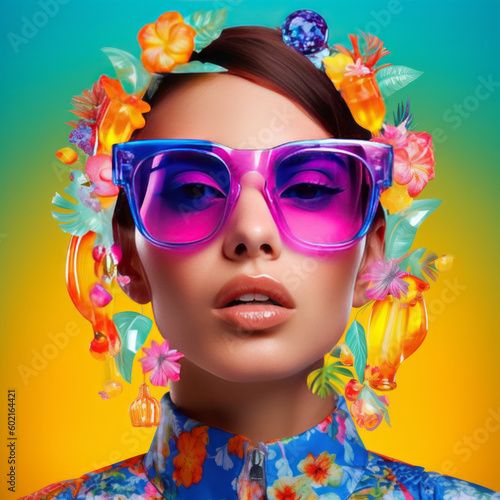 Beautiful fashion female model wearing glasses and floral print dress. Bold colors. Generative AI. © Popovo
