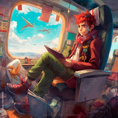 The guy on the plane goes on a trip. High quality illustration Generative AI © NeuroSky