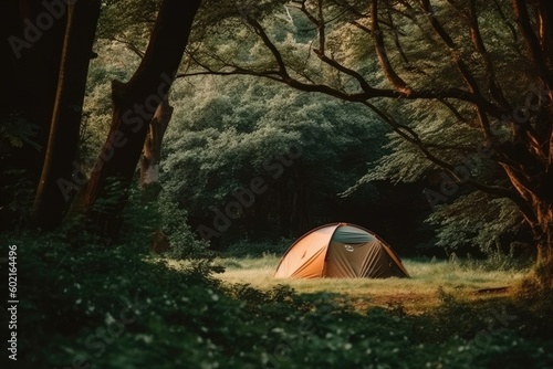 lone tent surrounded by trees in a forest Generative AI
