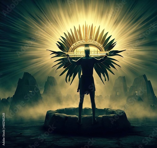 Illustration of a king aztec civilization ancient shadow light sun power. Generative AI photo