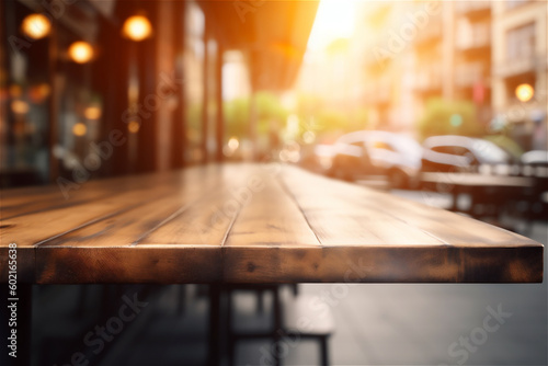 Wooden table top with blurred coffee shop or (cafe,restaurant) background. AI generated content © Elena