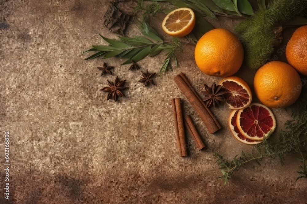 wooden table with an arrangement of oranges and spices on top Generative AI