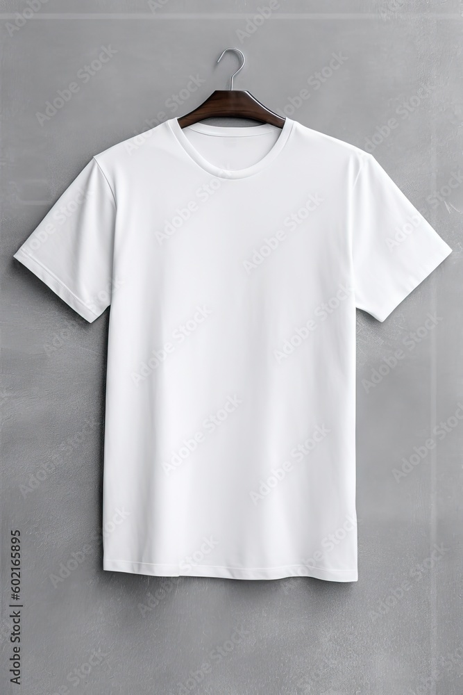 Mockup with copy space white t-shirt hanging on a clean wall Mockup with copy space white t-shirt hanging on a clean wall