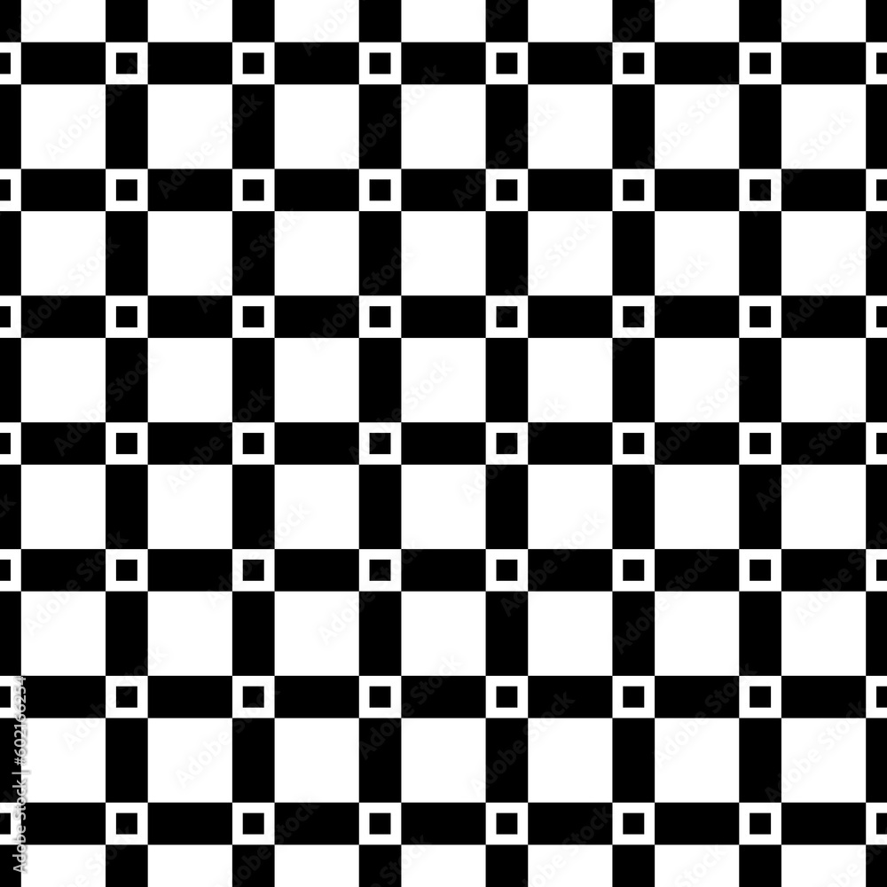 Big and small black quadrangles repetition on white background. Seamless surface pattern design with squares and rectangles ornament. Checkered wallpaper. Dashed and dotted lines motif. Digital paper. Big and small black quadrangles repetition on white background. Seamless surface pattern design with squares and rectangles ornament. Checkered wallpaper. Dashed and dotted lines motif. Digital paper.