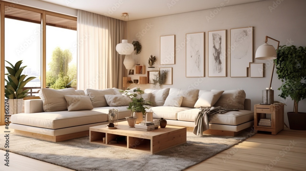 Fototapeta premium Cozy living room with natural lighting and comfortable furniture