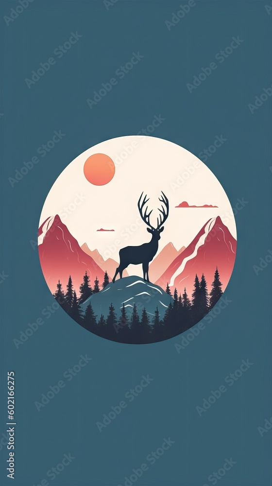 Illustration minimalist deer standing on a mountain summit, adventure and mountain concept