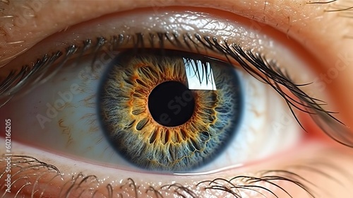 Photo of a striking blue and yellow eye in extreme close-up, cinematic scene