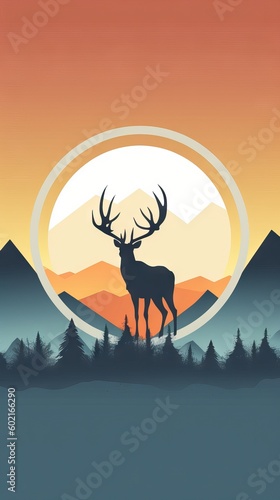 Illustration minimalist deer standing on a mountain summit  adventure and mountain concept