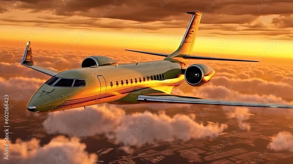 Commercial airplane jet during a sunset, transport travel luxury concept