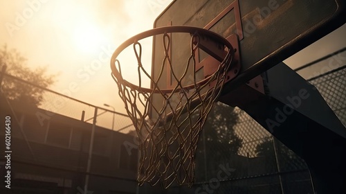 Basketball scoring through the hoop, during the sunset, sport team concept