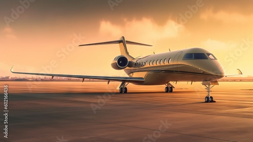 Commercial airplane jet during a sunset, transport travel luxury concept