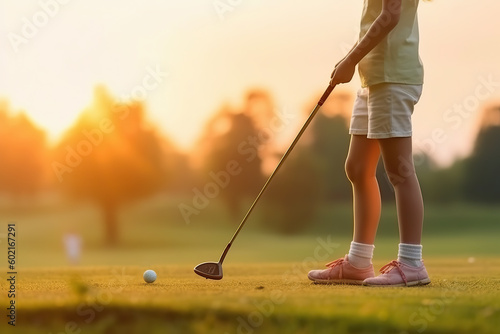 A little girl playing golf on a golf course