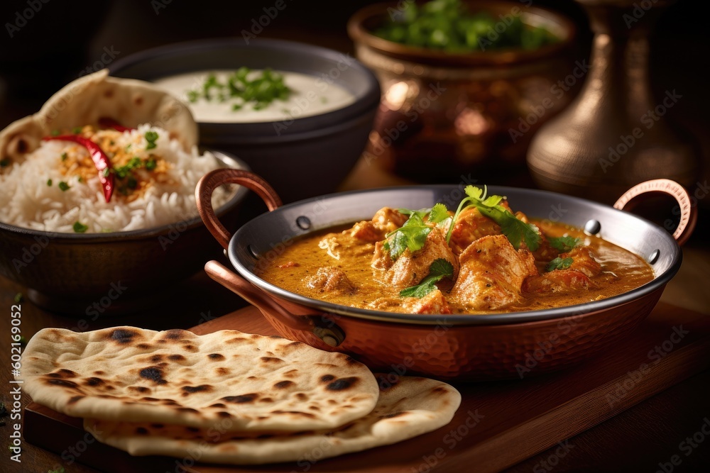 Indian ethnic food buffet on white concrete table from above: curry, samosa, rice biryani, dal, paneer, chapatti, naan, dishes of India for dinner background. Generated by AI