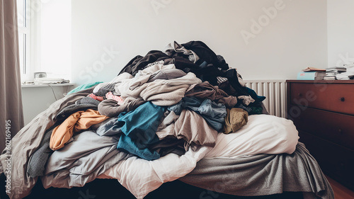 Pile of clothes on the bed in the room. Generative AI