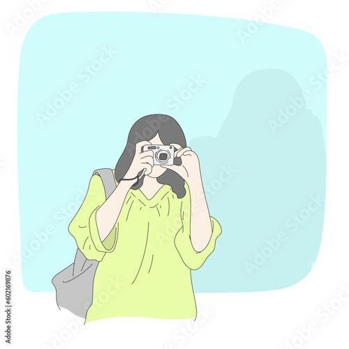 line art half length of woman taking photo with her compact camera isolated on blue background illustration vector hand drawn