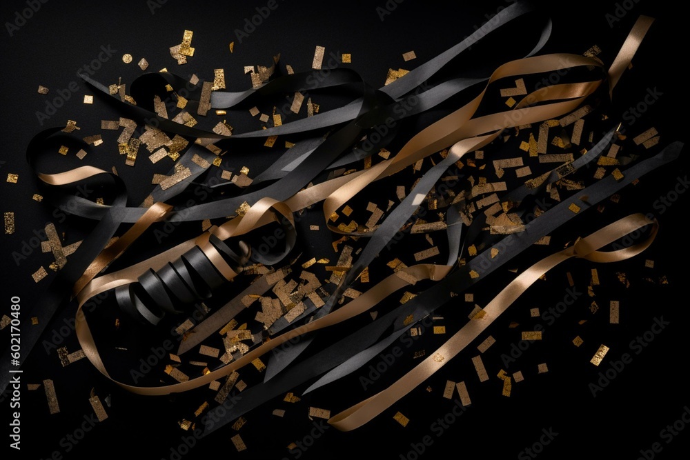 Shiny black and gold streamers with confetti form a double border for ...