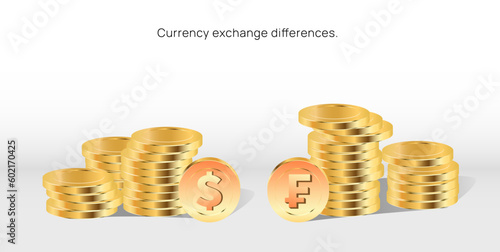 us dollar vs franc currency exchange rate comparision illustration with gold coins. world currencies exchange rate difference vector. gold coin stack. money converter and transfer. treasury banking photo