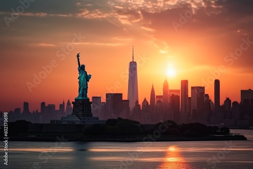 Skyline of Manhattan during sunset in New York with the big Statue of Liberty created with generative AI technology.