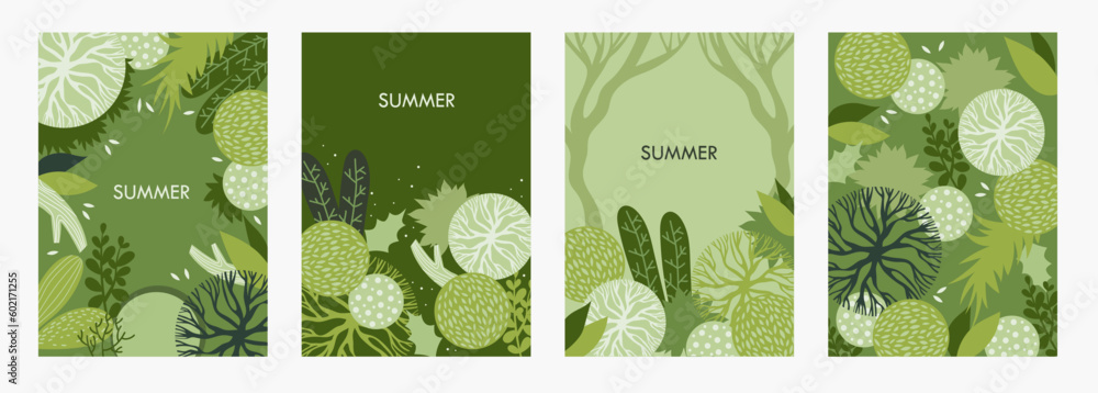 Set of beautiful tropical banners.	
Vector illustration. Green background. Leaves and branches. Summer design. EPS 10