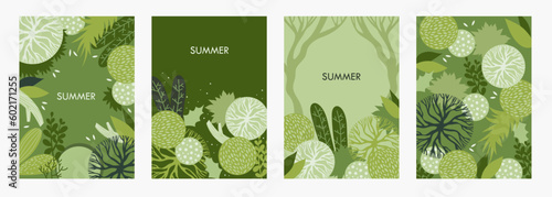 Set of beautiful tropical banners.	
Vector illustration. Green background. Leaves and branches. Summer design. EPS 10