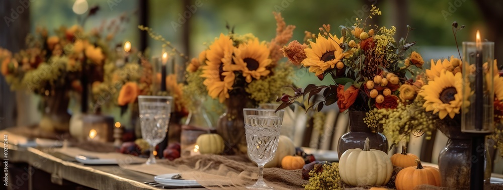 Autumn themed outdoor dinner, banquet, generative ai, Thanksgiving eve