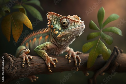 Wild chameleon in a forest. Ai generated.