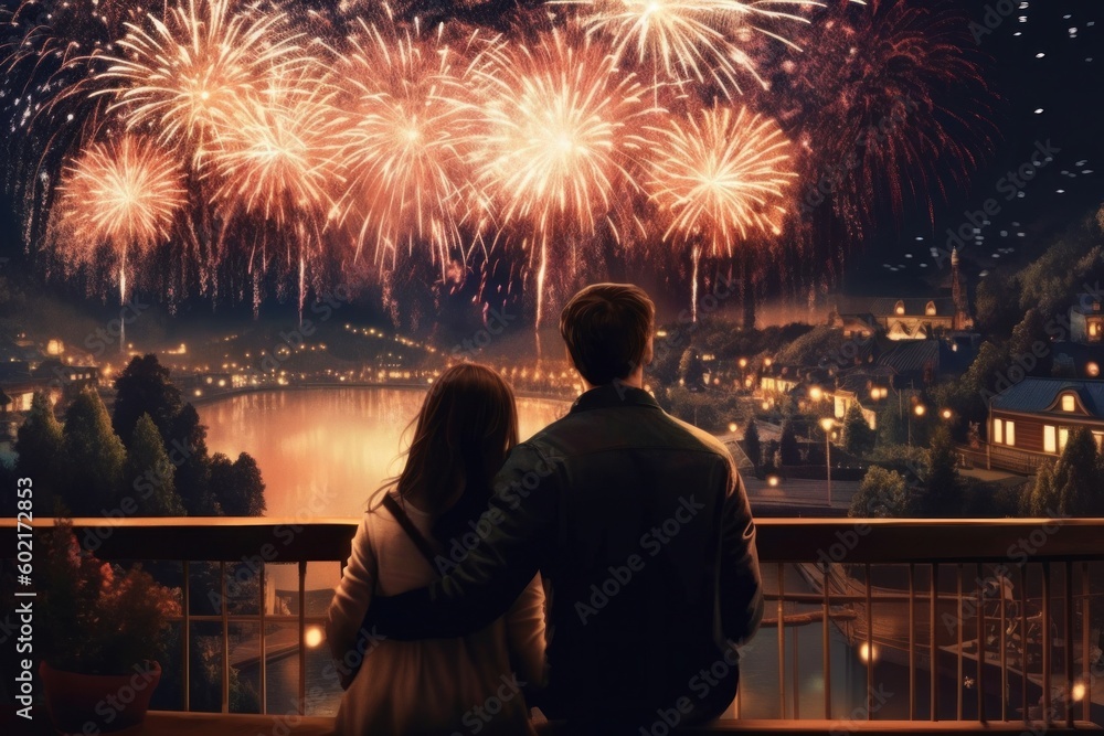A couple holding hands and watching the fireworks display, with a romantic atmosphere and a patriotic theme. Generative AI