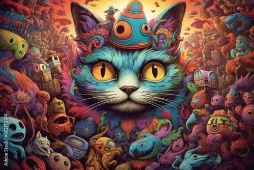 Highly detailed trippy cat, scary colors, psychedelic. Generative AI © bluebeat76
